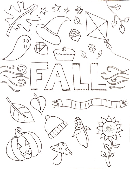 autumn doodle word art coloring page