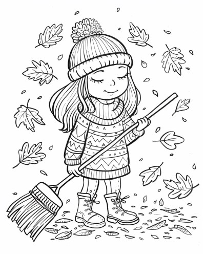 girl raking leaves coloring page
