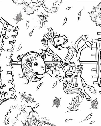 coloring page of a girl on the carousel with autumn leaves swirling around