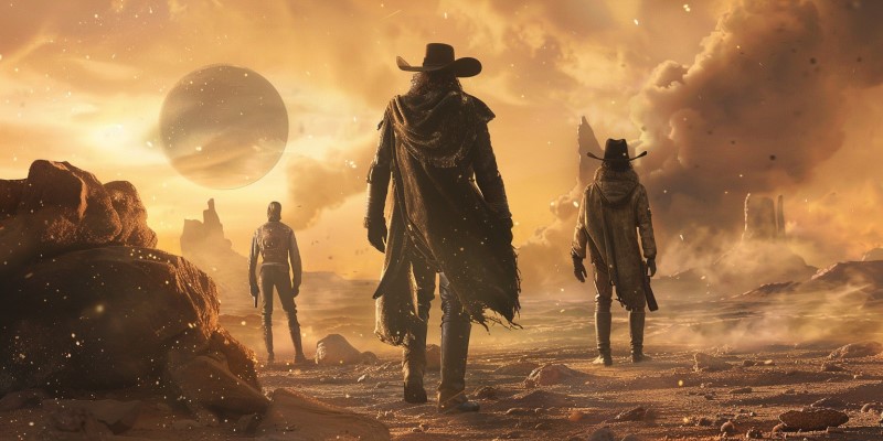 artistic image of space cowboys on a far away planet